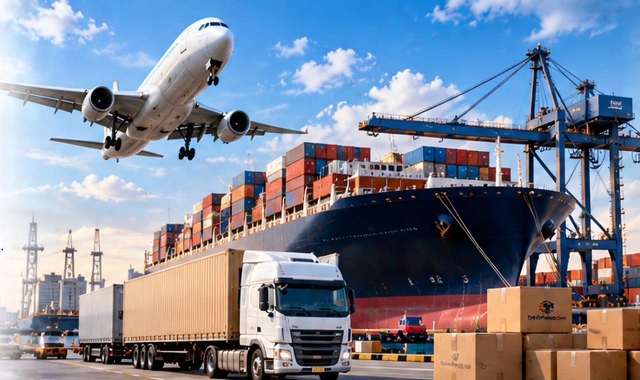 Global logistics with cargo ship, airplane, trucks and shipping containers